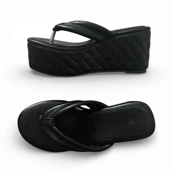 Chunky Platform Wedge Slip On Thong Sandals Black Quilted Women’s 8 - Picture 2 of 13